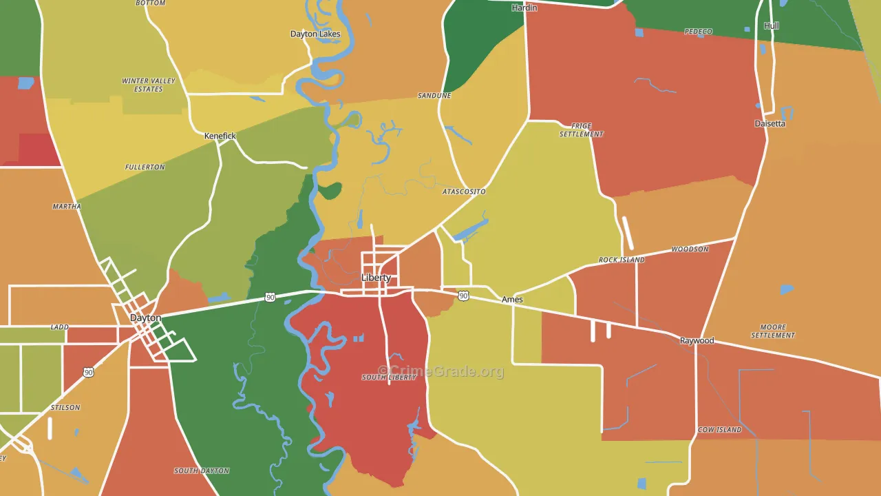 Liberty, TX Map of Theft Rates