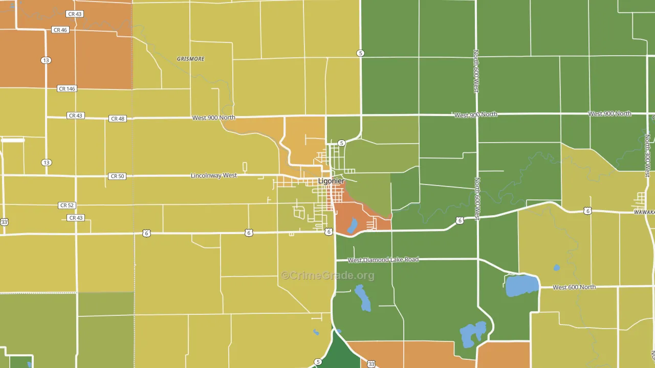 Ligonier, IN Map of Theft Rates