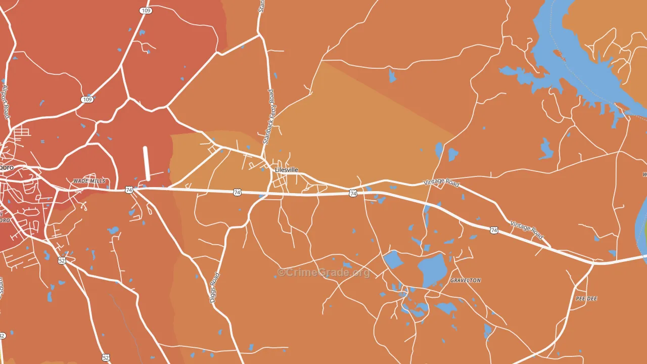 Lilesville, NC Map of Theft Rates