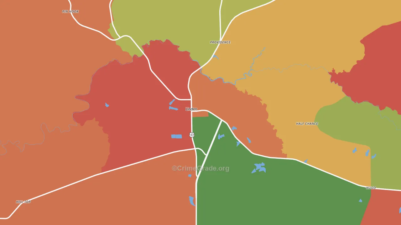 Linden, AL Map of Theft Rates