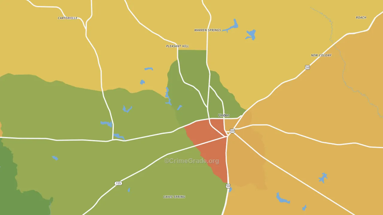 Linden, TX Map of Theft Rates