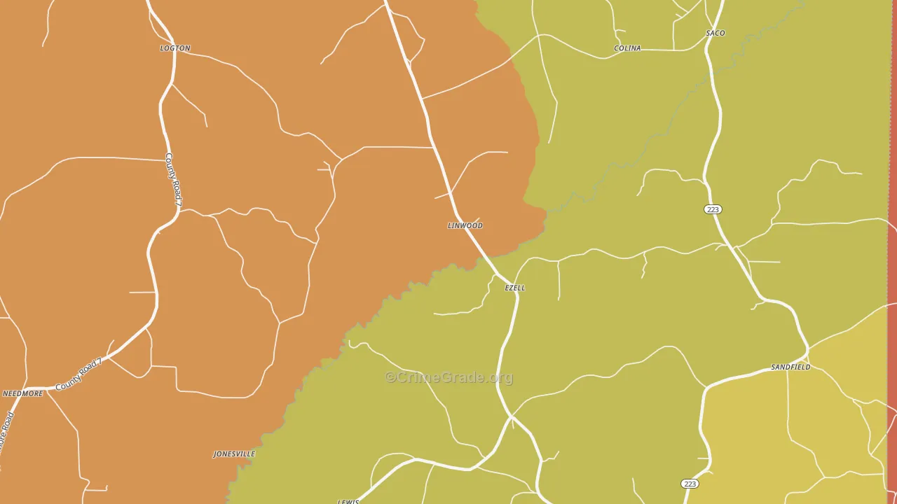 Linwood, AL Map of Theft Rates