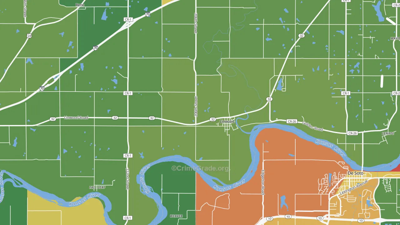 Linwood, KS Map of Theft Rates