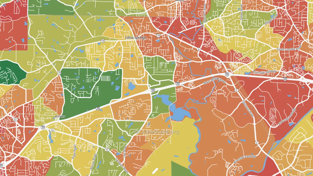 Lithia Springs, GA Map of Theft Rates