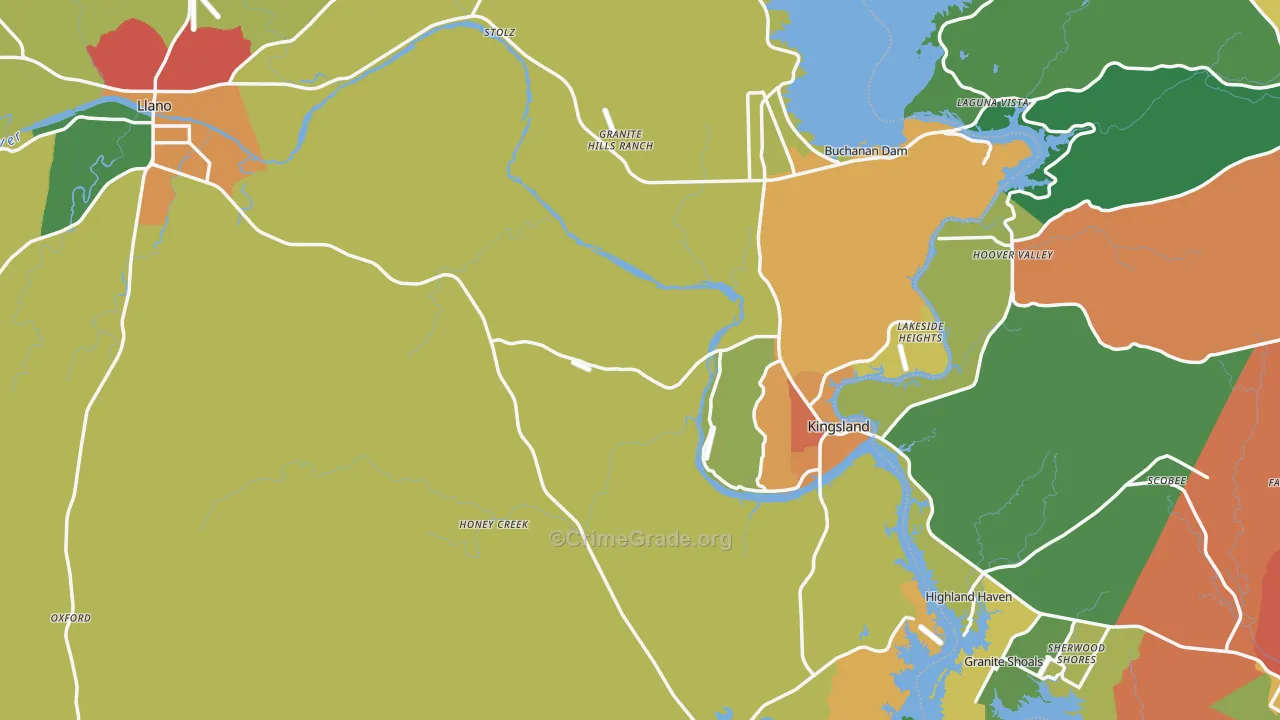 Llano County, TX Map of Theft Rates