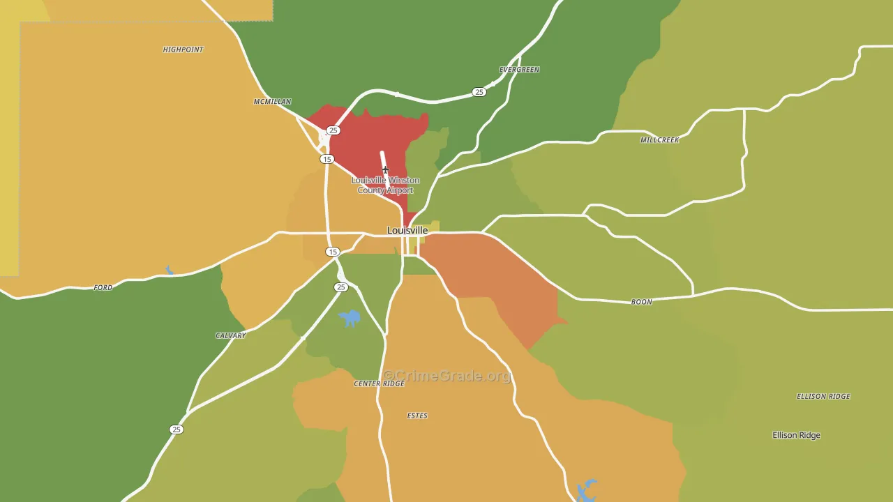 Louisville, MS Map of Theft Rates