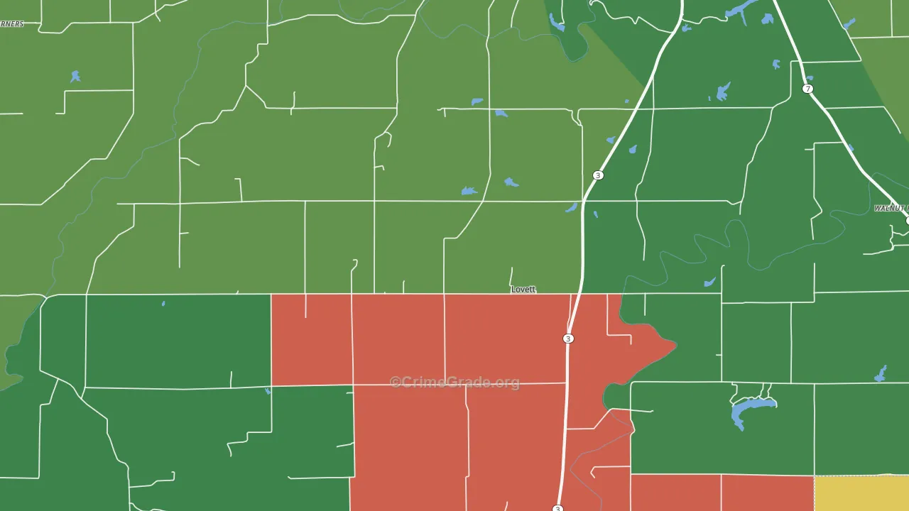 Lovett, IN Map of Theft Rates