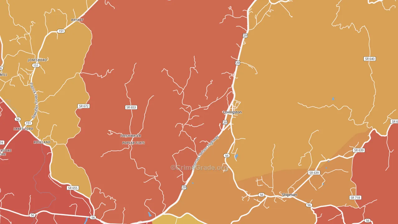 Lovingston, VA Map of Theft Rates