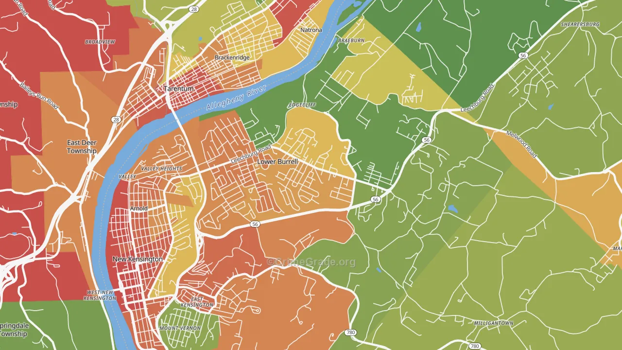 Lower Burrell, PA Map of Theft Rates