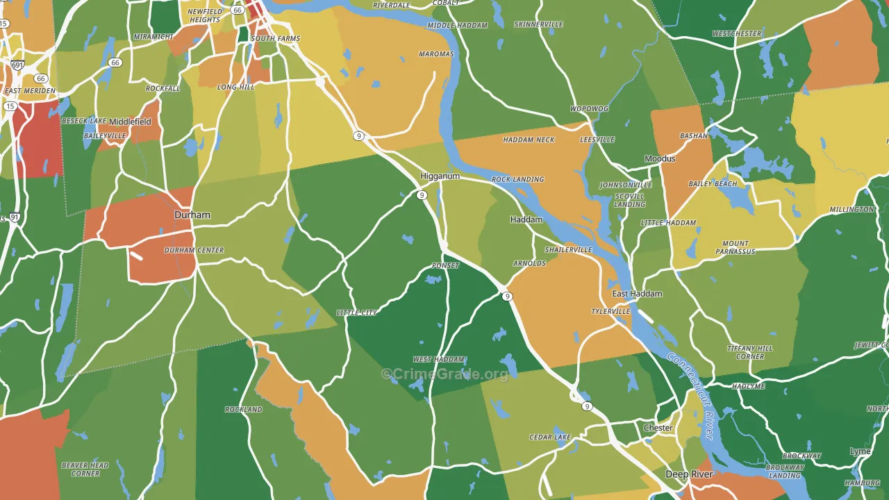 Lower Connecticut River Valley Planning Region, CT Map of Theft Rates