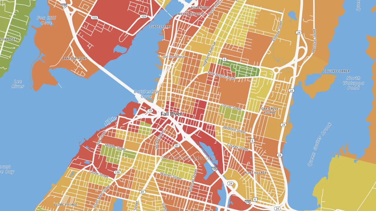 Lower Highlands, Fall River, MA Map of Theft Rates