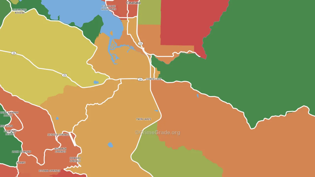 Lower Lake, CA Map of Theft Rates