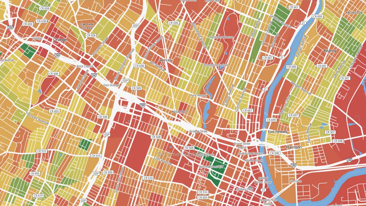 Lower Roseville, Newark, NJ Map of Theft Rates