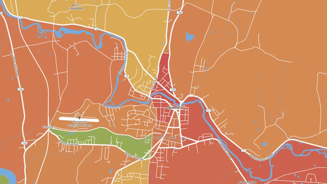 Lower Village District, Claremont, NH Map of Theft Rates