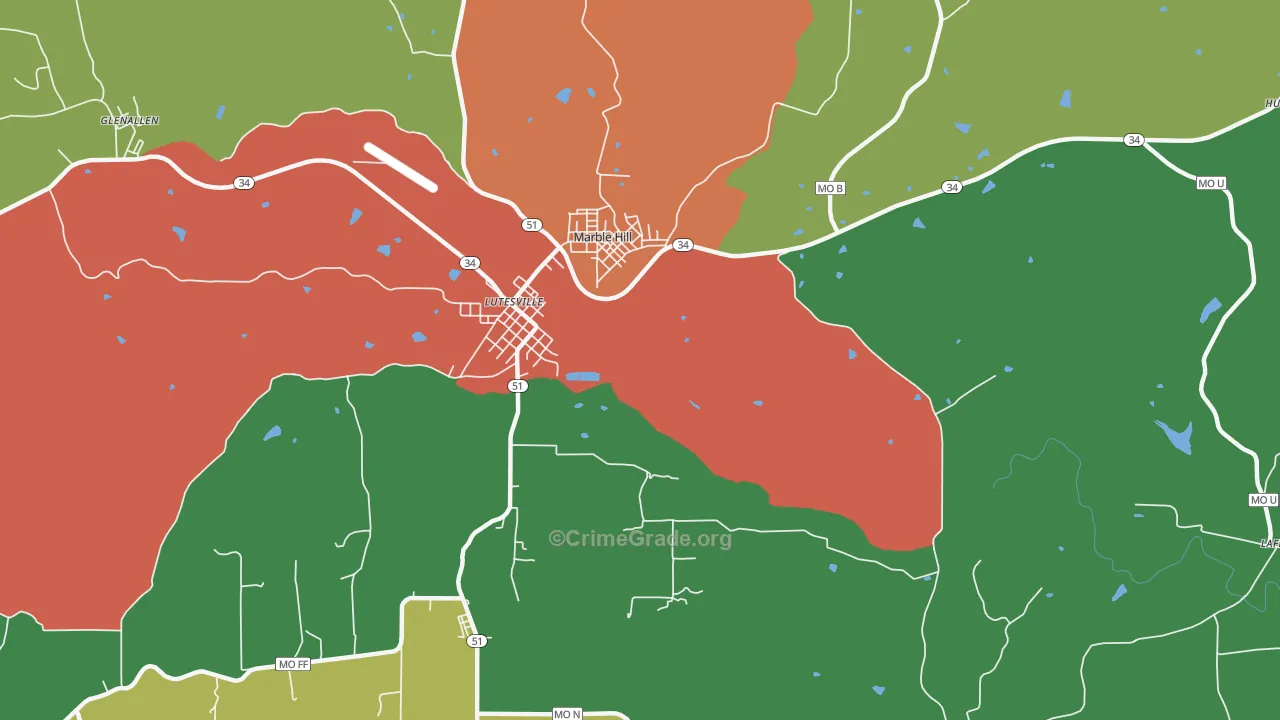 Lutesville, MO Map of Theft Rates