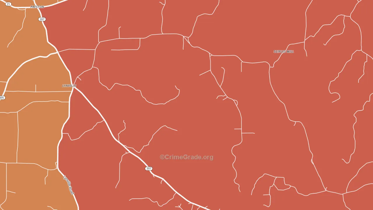 Lynville, MS Map of Theft Rates