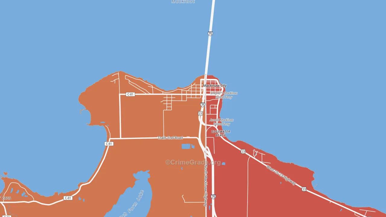 Mackinaw City, MI Map of Theft Rates
