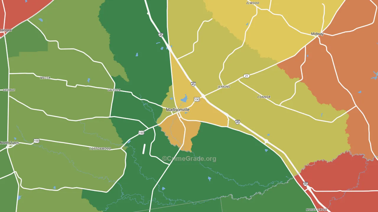 Madison County, TX Map of Theft Rates