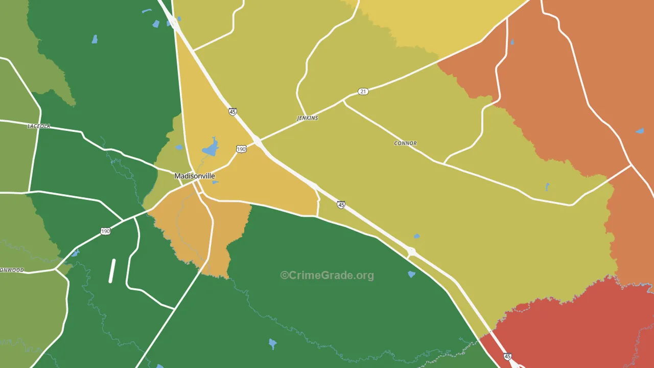 Madisonville, TX Map of Theft Rates