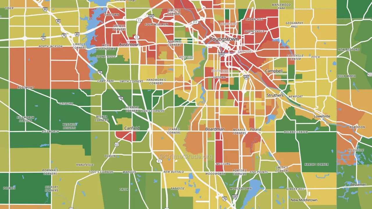 Mahoning County, OH Map of Theft Rates