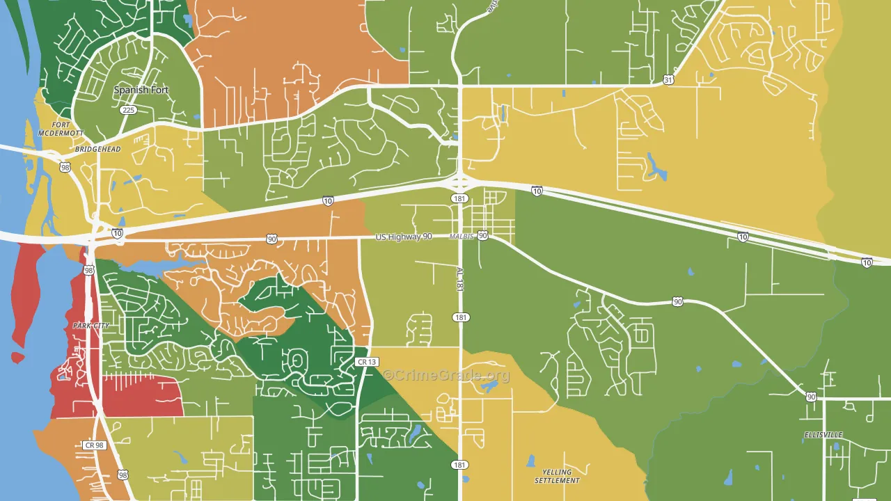 Malbis, AL Map of Theft Rates