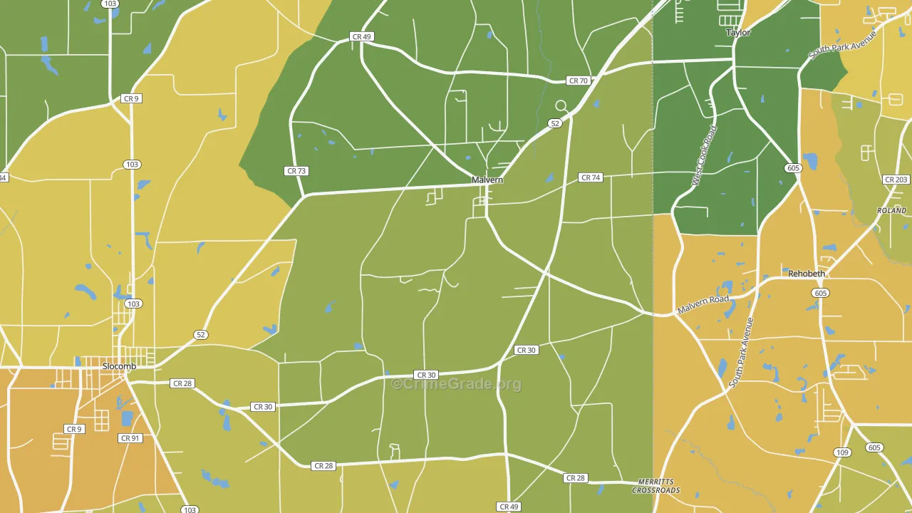 Malvern, AL Map of Theft Rates