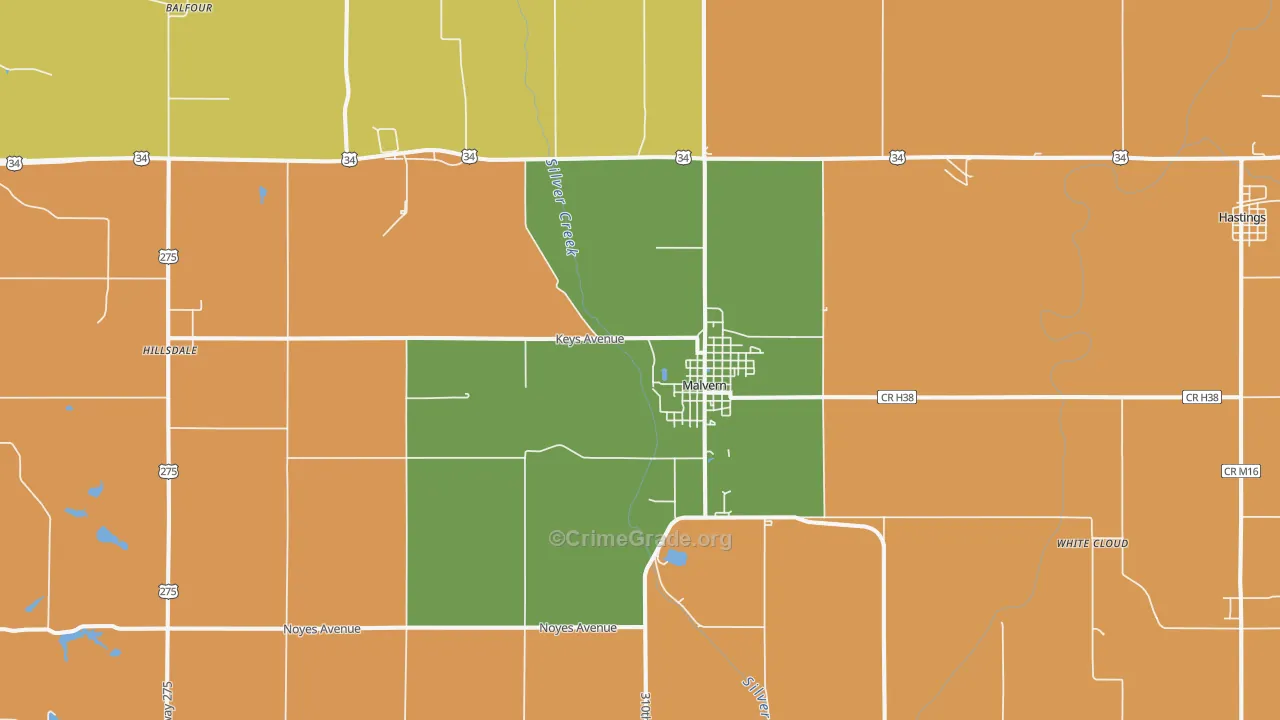 Malvern, IA Map of Theft Rates