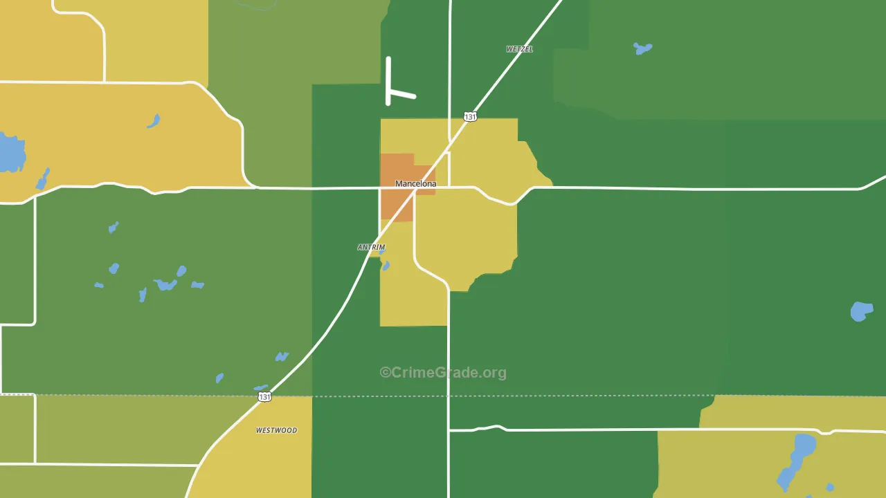 Mancelona, MI Map of Theft Rates