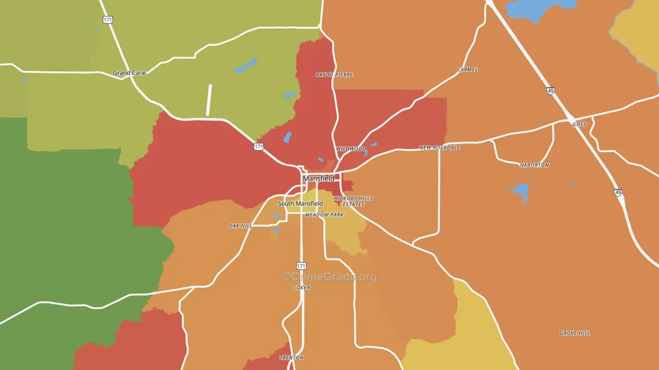 Mansfield, LA Map of Theft Rates