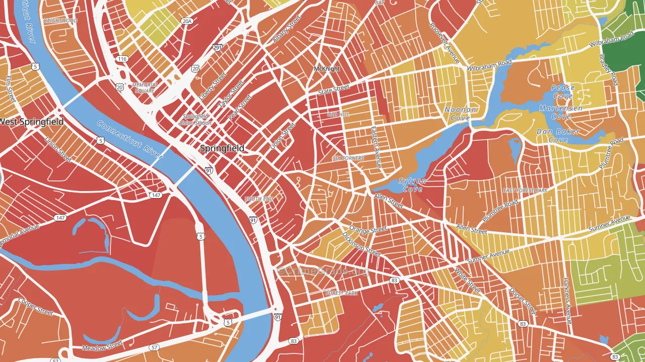 Maple High-Six Corners, Springfield, MA Map of Theft Rates