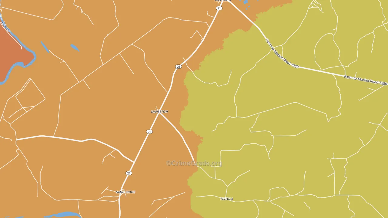 Mapleton, TX Map of Theft Rates