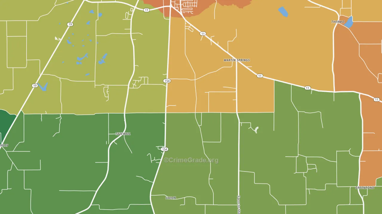 Martin Springs, TX Map of Theft Rates