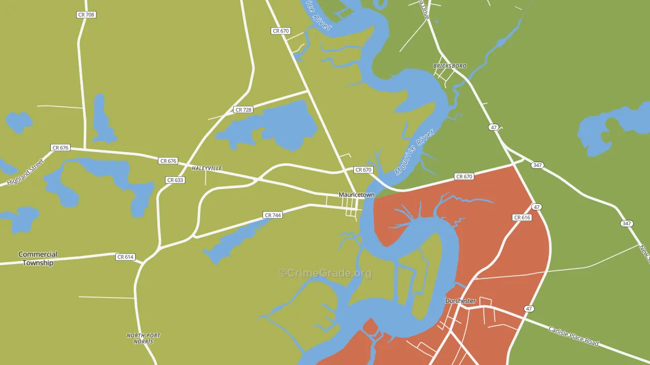 Mauricetown, NJ Map of Theft Rates
