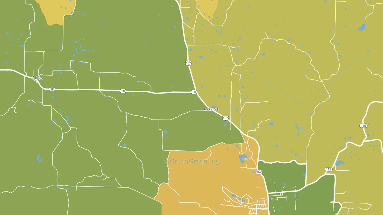 Maxville, AR Map of Theft Rates