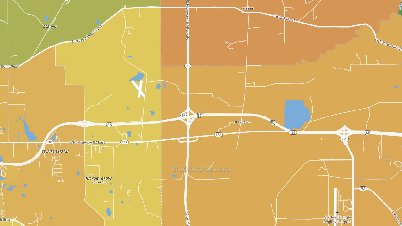 Mayhew, MS Map of Theft Rates