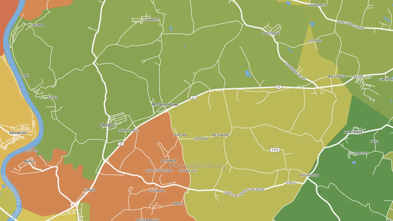 McClellandtown, PA Map of Theft Rates