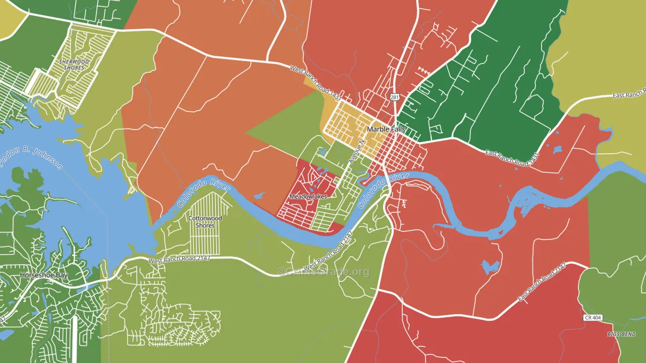 Meadowlakes, TX Map of Theft Rates