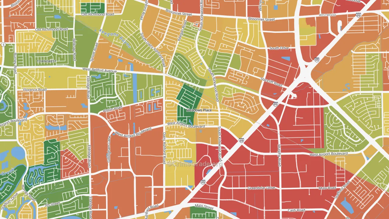 Meadows Place, TX Map of Theft Rates
