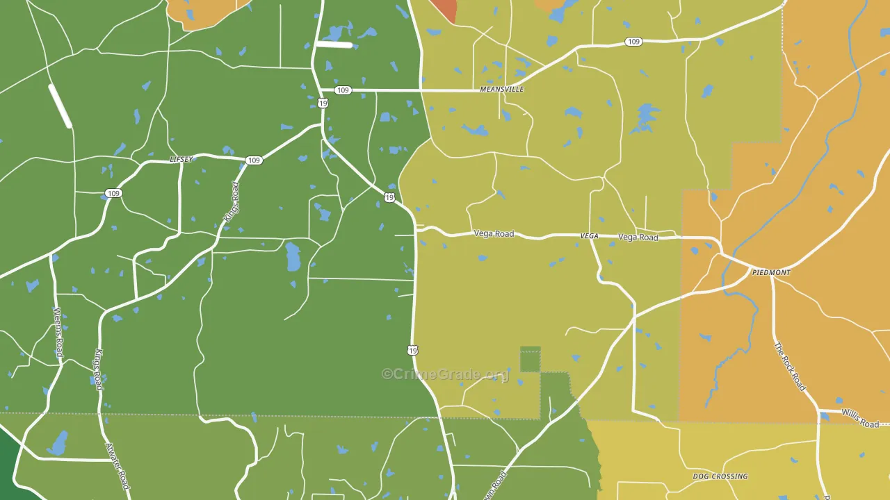 Meansville, GA Map of Theft Rates