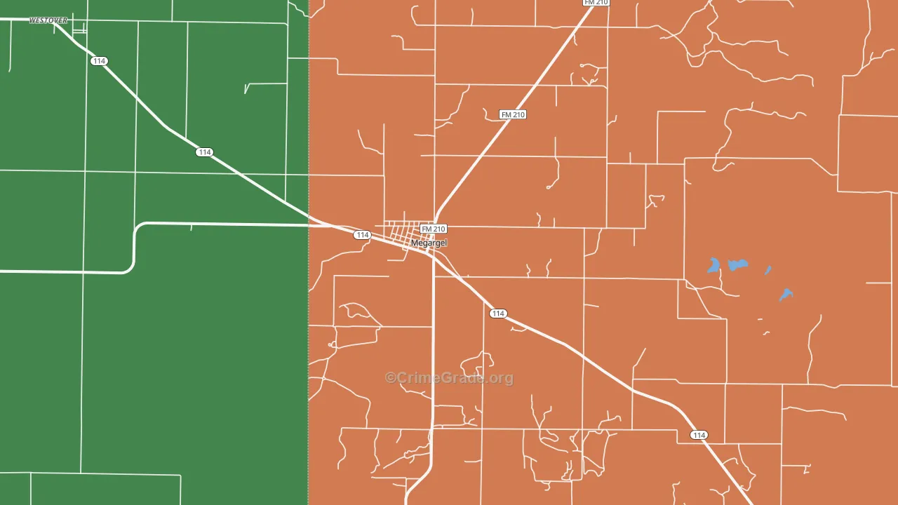 Megargel, TX Map of Theft Rates