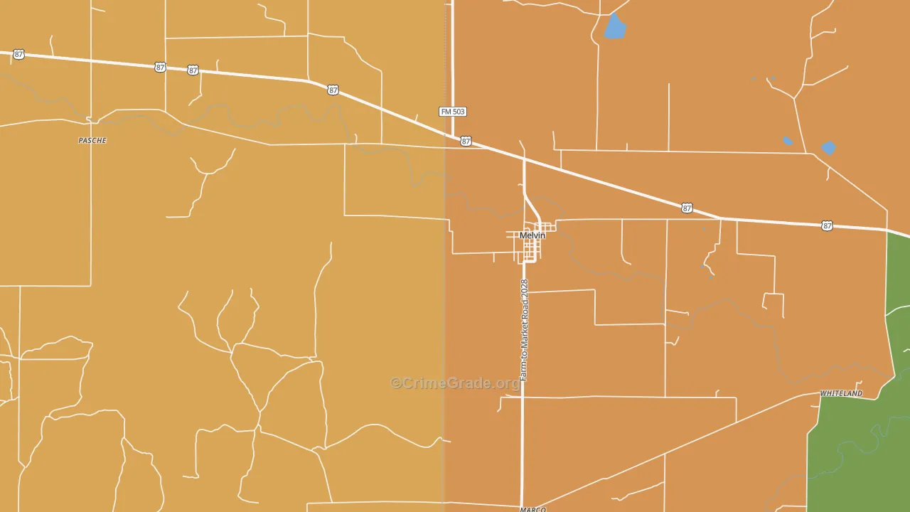 Melvin, TX Map of Theft Rates