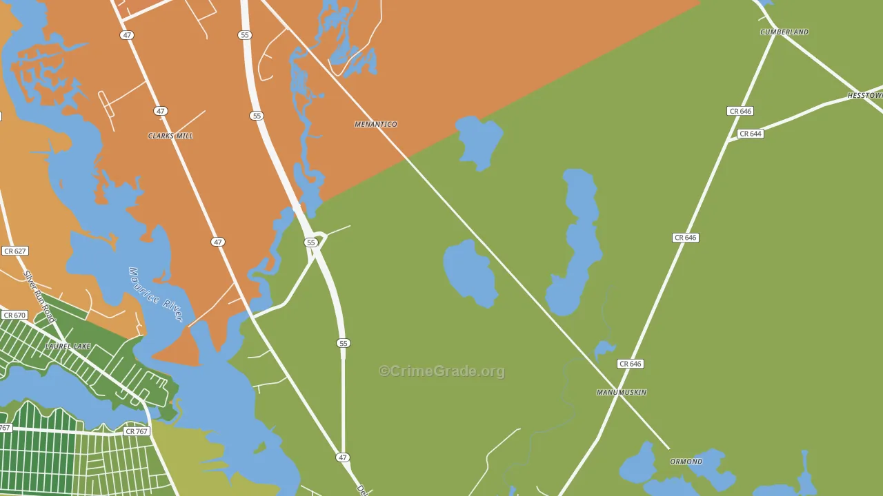 Menantico, NJ Map of Theft Rates