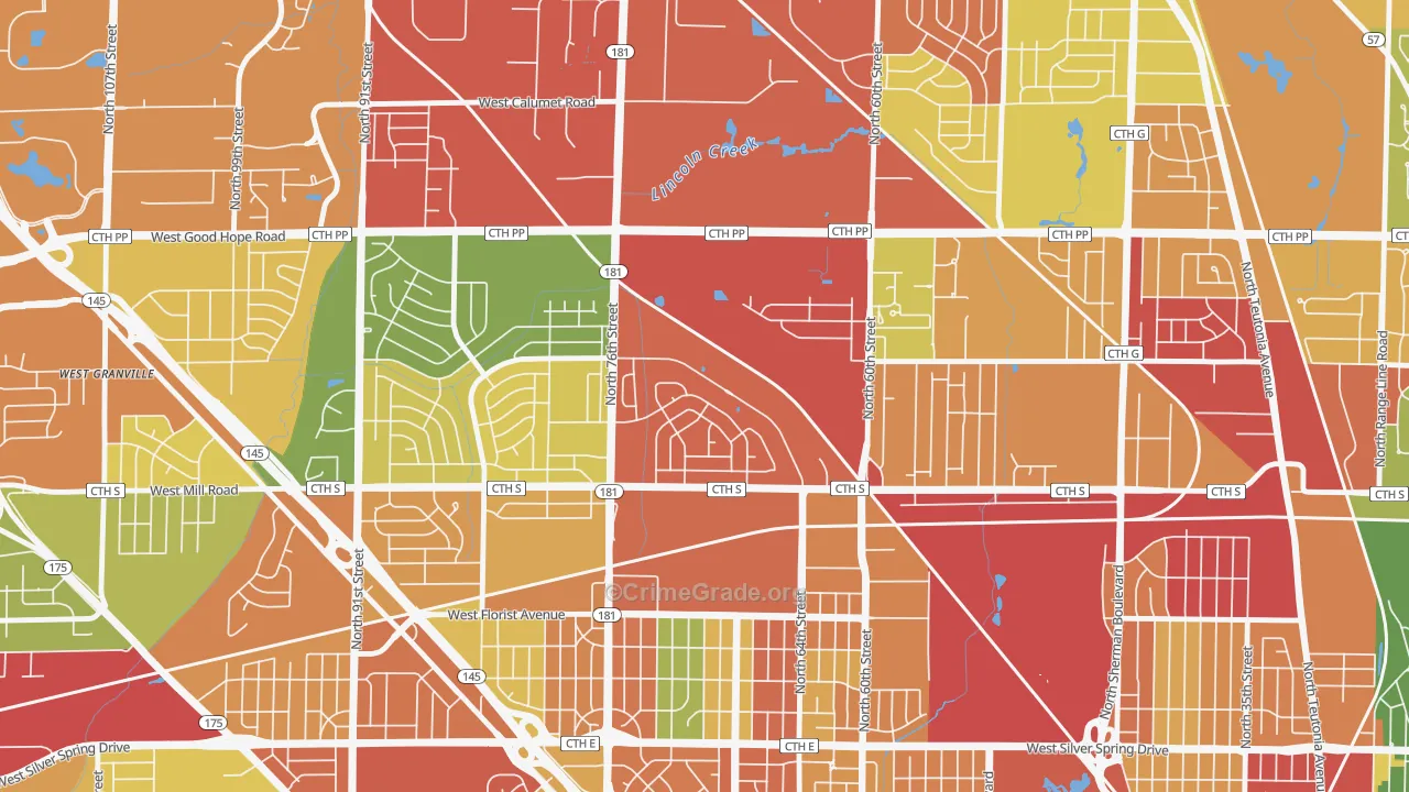 Menomonee River Hills East, Milwaukee, WI Map of Theft Rates