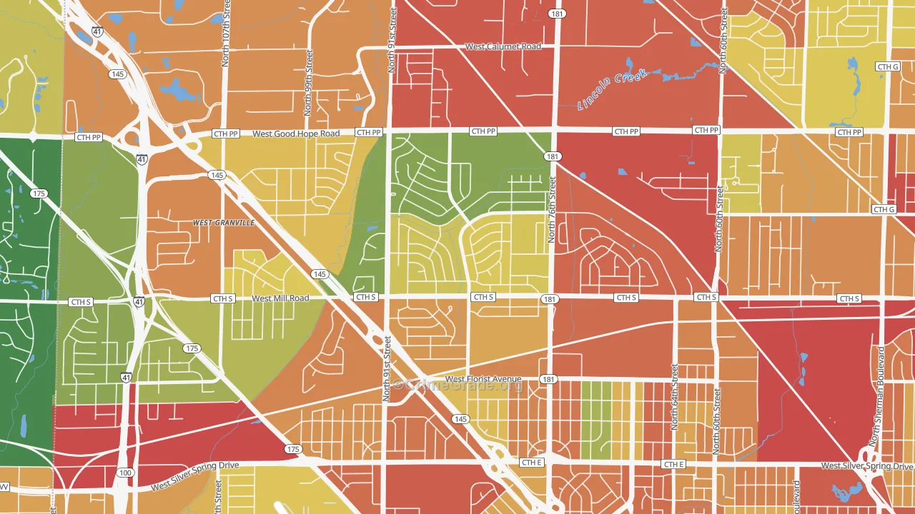 Menomonee River Hills, Milwaukee, WI Map of Theft Rates