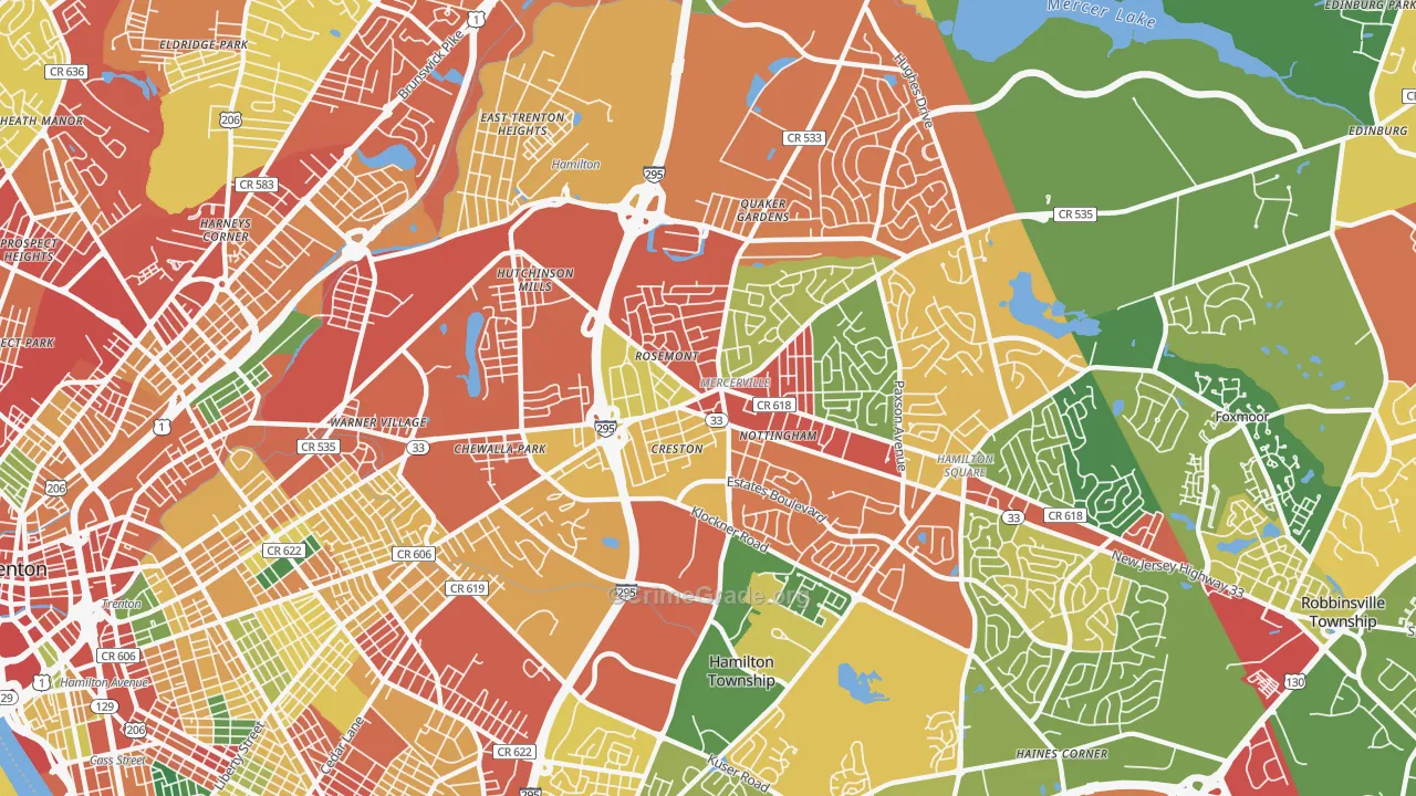 Mercerville, NJ Map of Theft Rates
