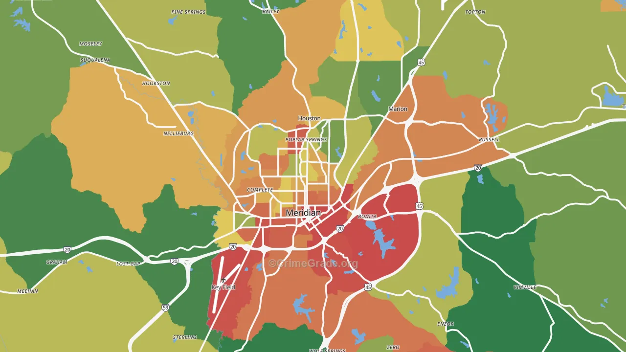 Meridian, MS Map of Theft Rates