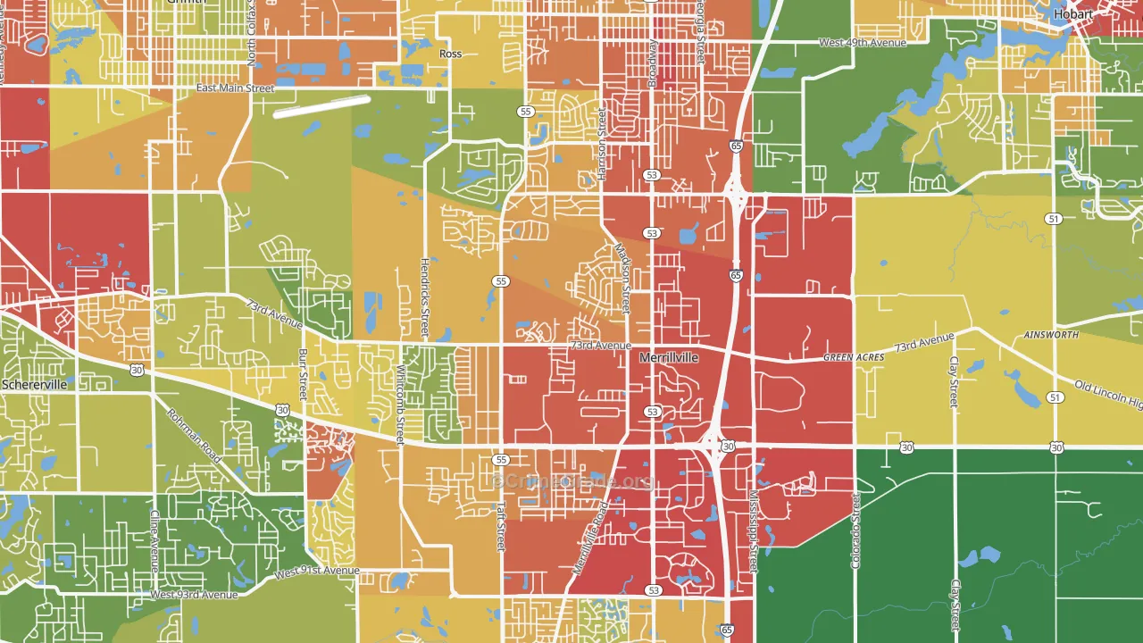 Merrillville, IN Map of Theft Rates