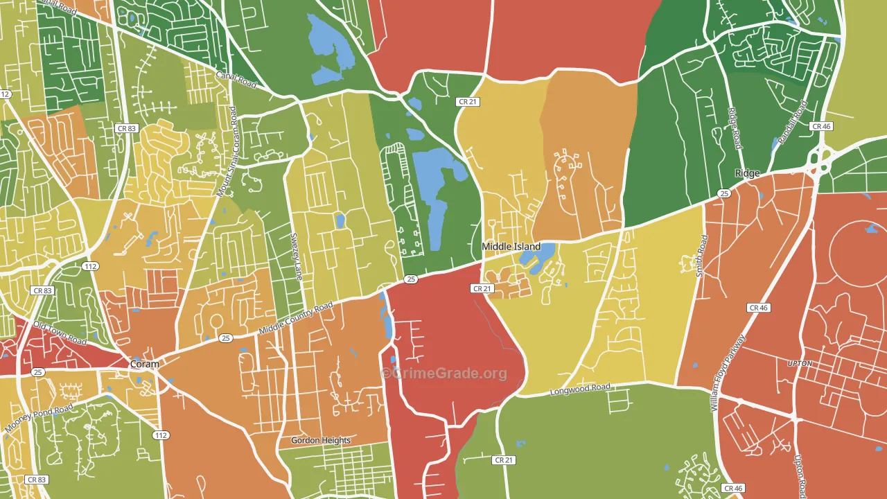 Middle Island, NY Map of Theft Rates