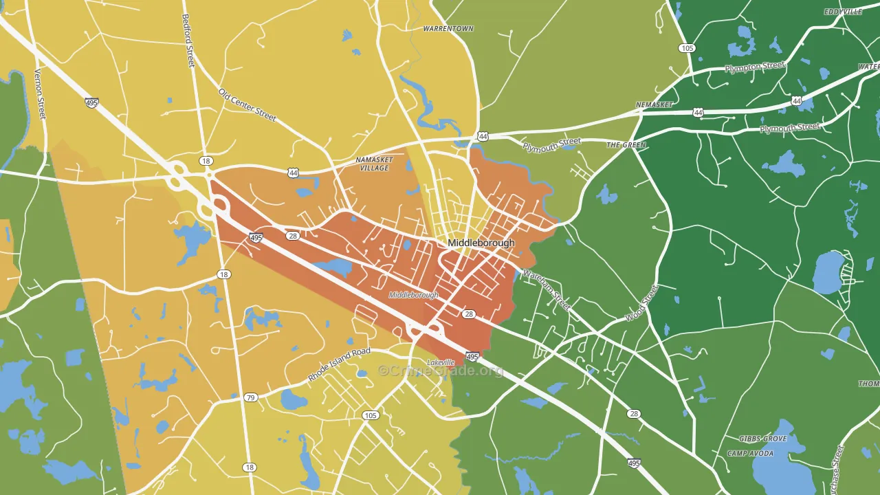 Middleborough Center, MA Map of Theft Rates