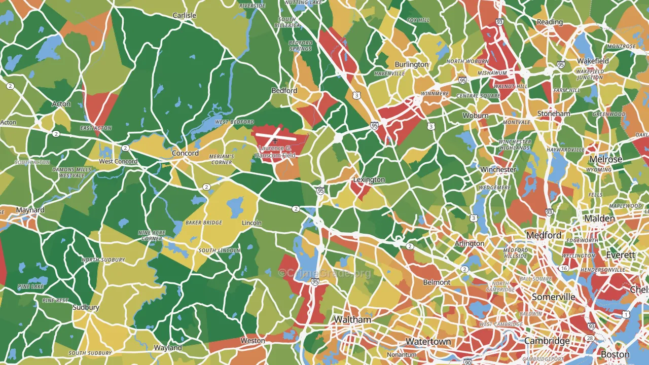 Middlesex County, MA Map of Theft Rates